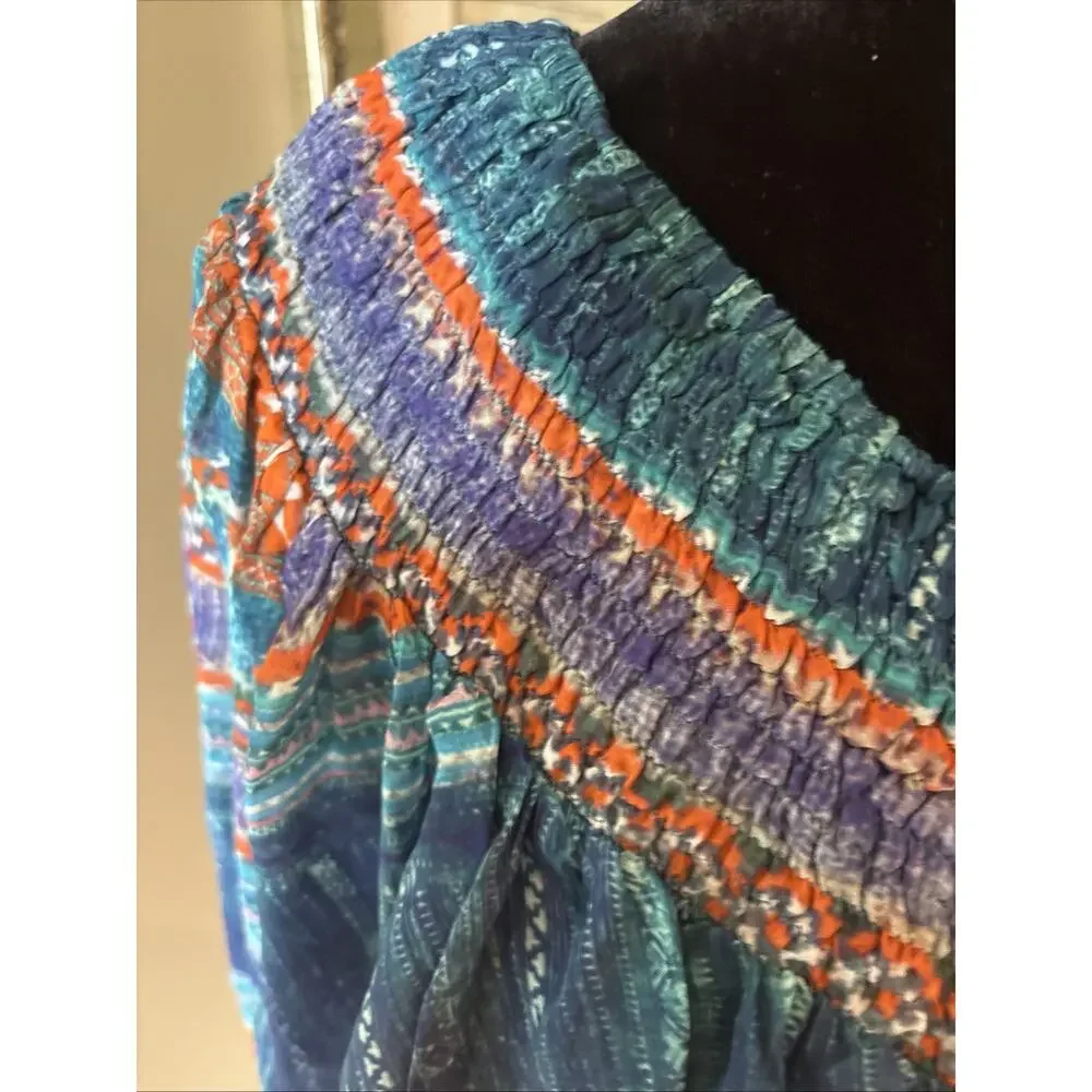 CAMILLA off shoulder or Silk Blouse crystals blue red open sleeve Shirred Cuff L - Picture 5 of 13